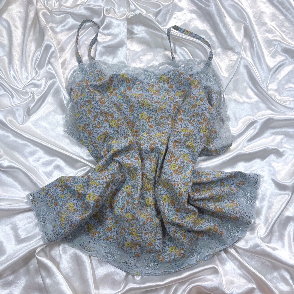 Vintage Cato Woman Cami Blue Floral Lace Trim Excellent Beaded Cottagecore 22/24